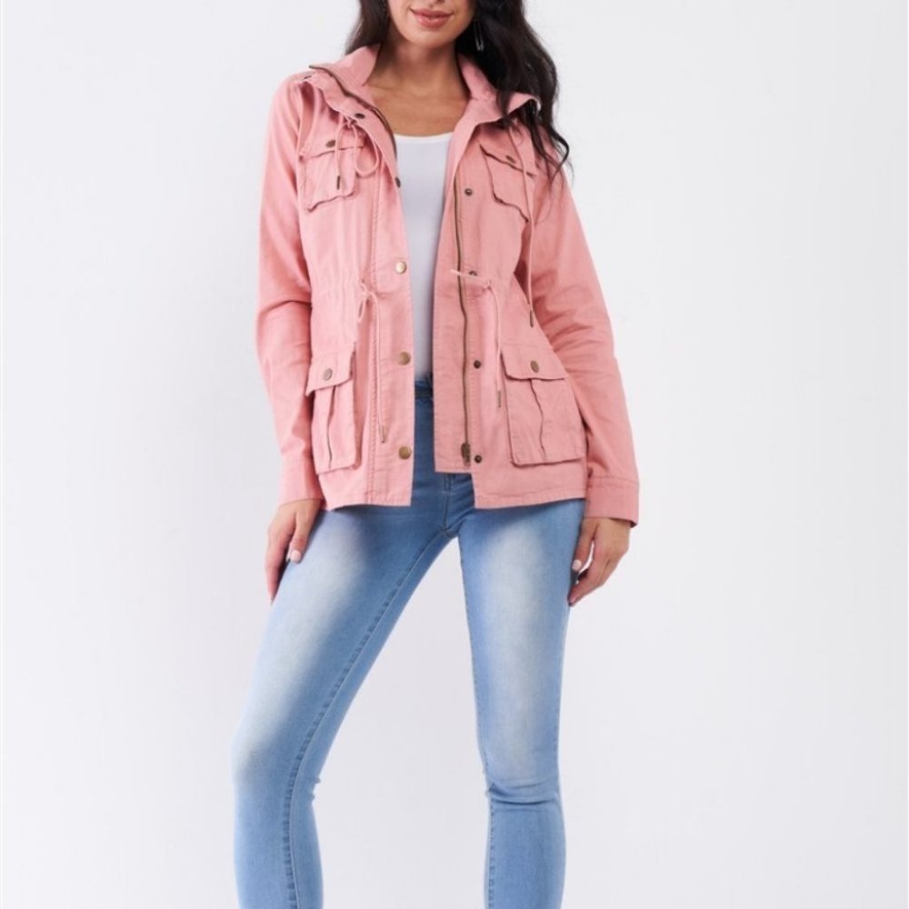 Washed Blush Pink Cotton Front Zip-Up Button Down Detachable Hood Utility Jacket - Picture 5 of 5